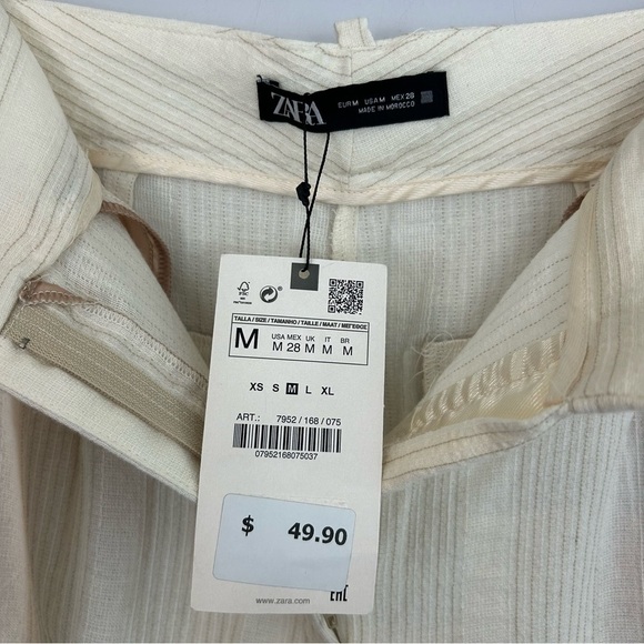 NWT Zara Cream Lightweight Straight Leg Striped Casual Trouser Pants Medium - Picture 7 of 8